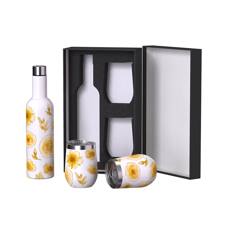 promotional gift vacuum flask 750ml wine bottle and 12oz wine tumbler cups stainless steel wine bottle set with gift box