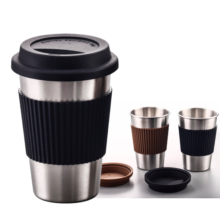 custom single 304 stainless steel 300ml camping coffee cup with silicone sleeve and lid