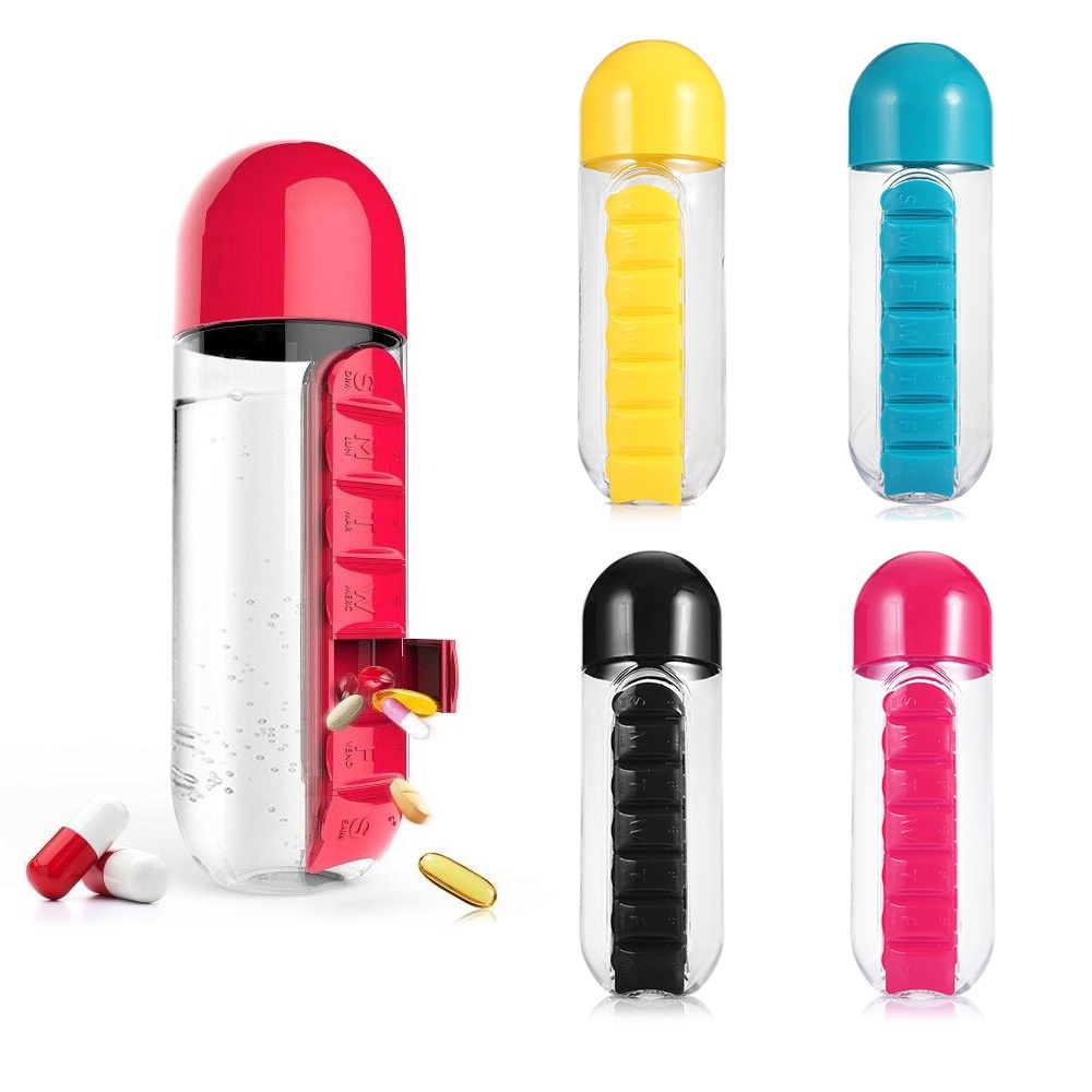 Creative water bottle with 7-day portable medicine box 2 in 1 outdoor portable pill box medicine bottle