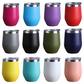 Watersy 12oz Double Wall Insulated Stainless Steel Powder Coating Egg shape Wine Glass Tumbler Coffee Cups With Sliding Lid