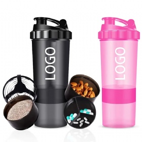 Custom Logo 500ml 3 Compartments Plastic Water Bottle Shakers Protein Shaker Cup Bottle with Storage for Protein Shakes