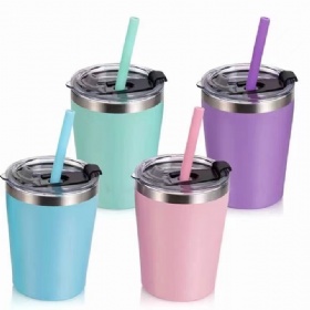 8oz 12oz double wall insulated milk/coffee mugs with bespoke emboss logo on lids and straw